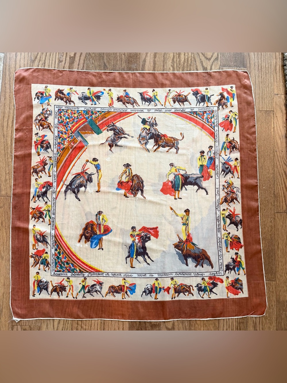 Vintage Silk Bullfight Festival Commemorative Scarf. Japan | Neutral | 50” 1950s